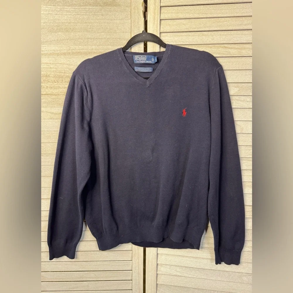Polo Ralph Lauren V Neck Sweater Men Large Navy Merino Wool Pony Preppy Classic